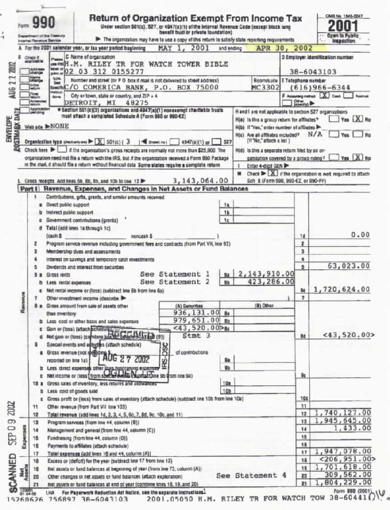 Henrietta M Riley Trust, Watch Tower Bible 1