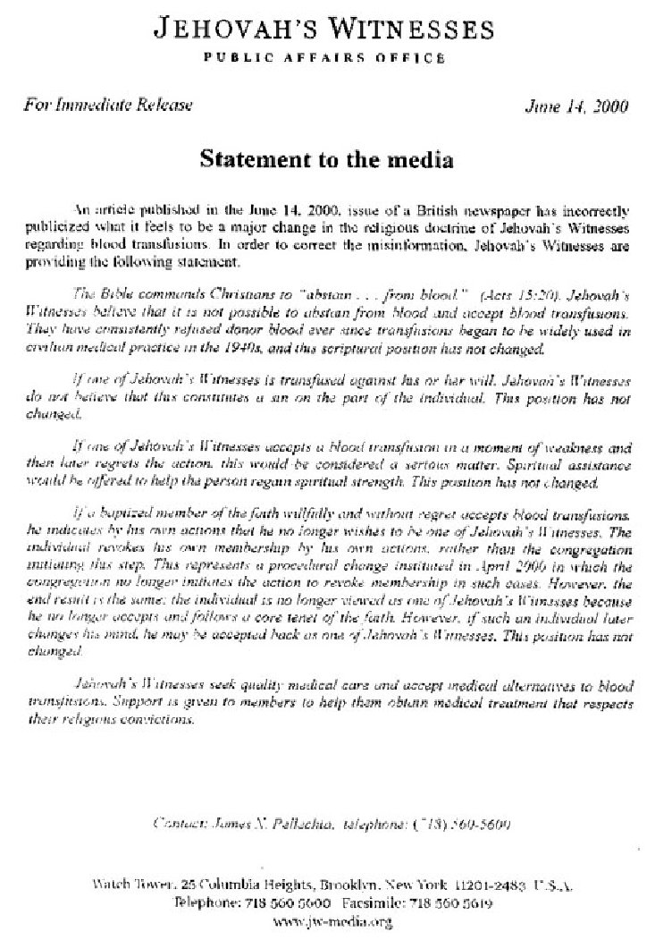 Watchtower 14/06/2000 pas changement sang