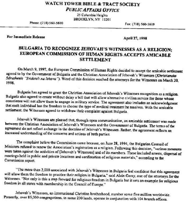 Lettre Watchtower transfusions sang Bulgarie