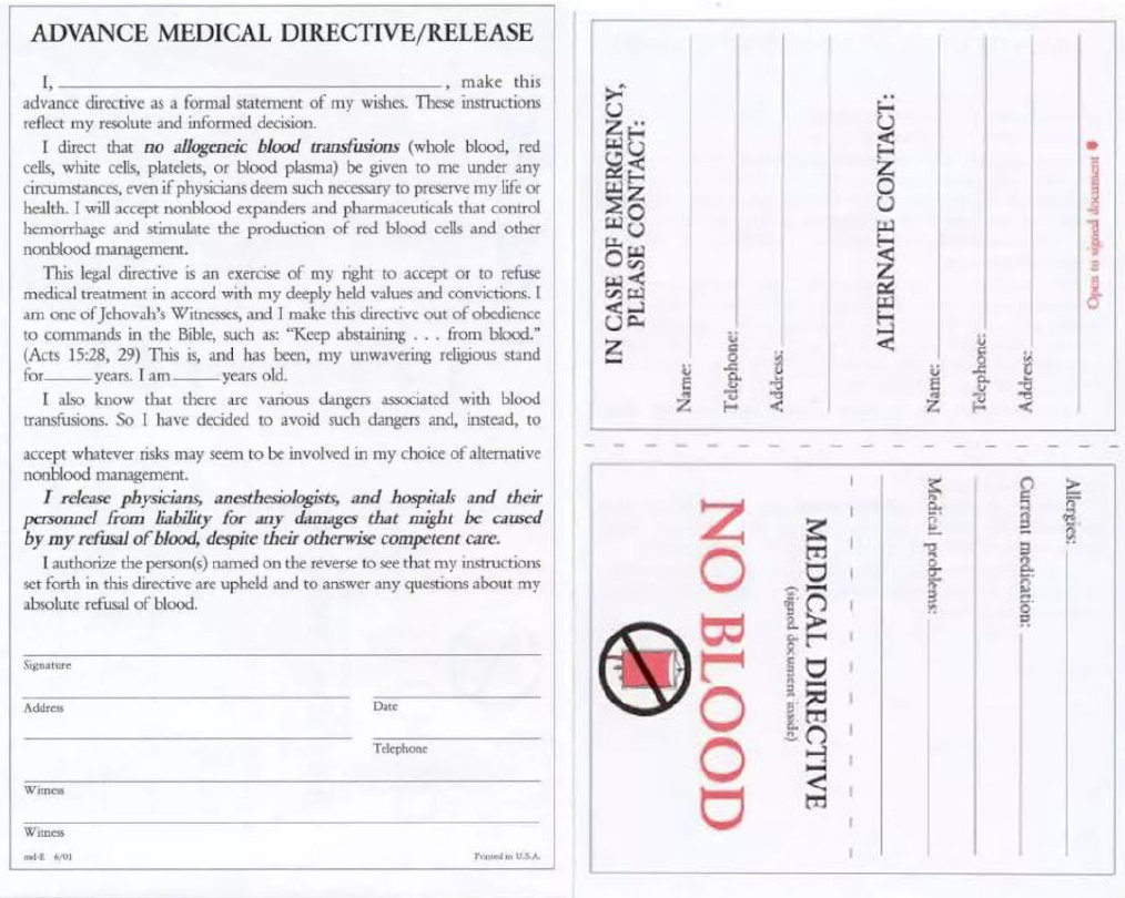 Jehovah's Witnesses, medical directive, no blood