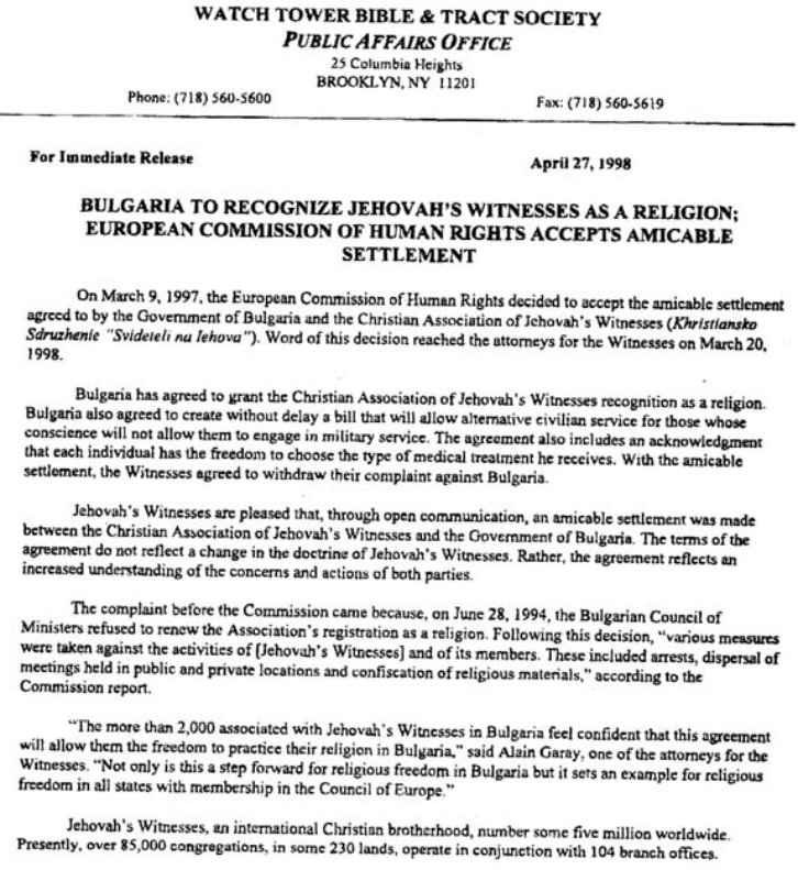 Letter Watchtower JWs Bulgaria blood transfusions